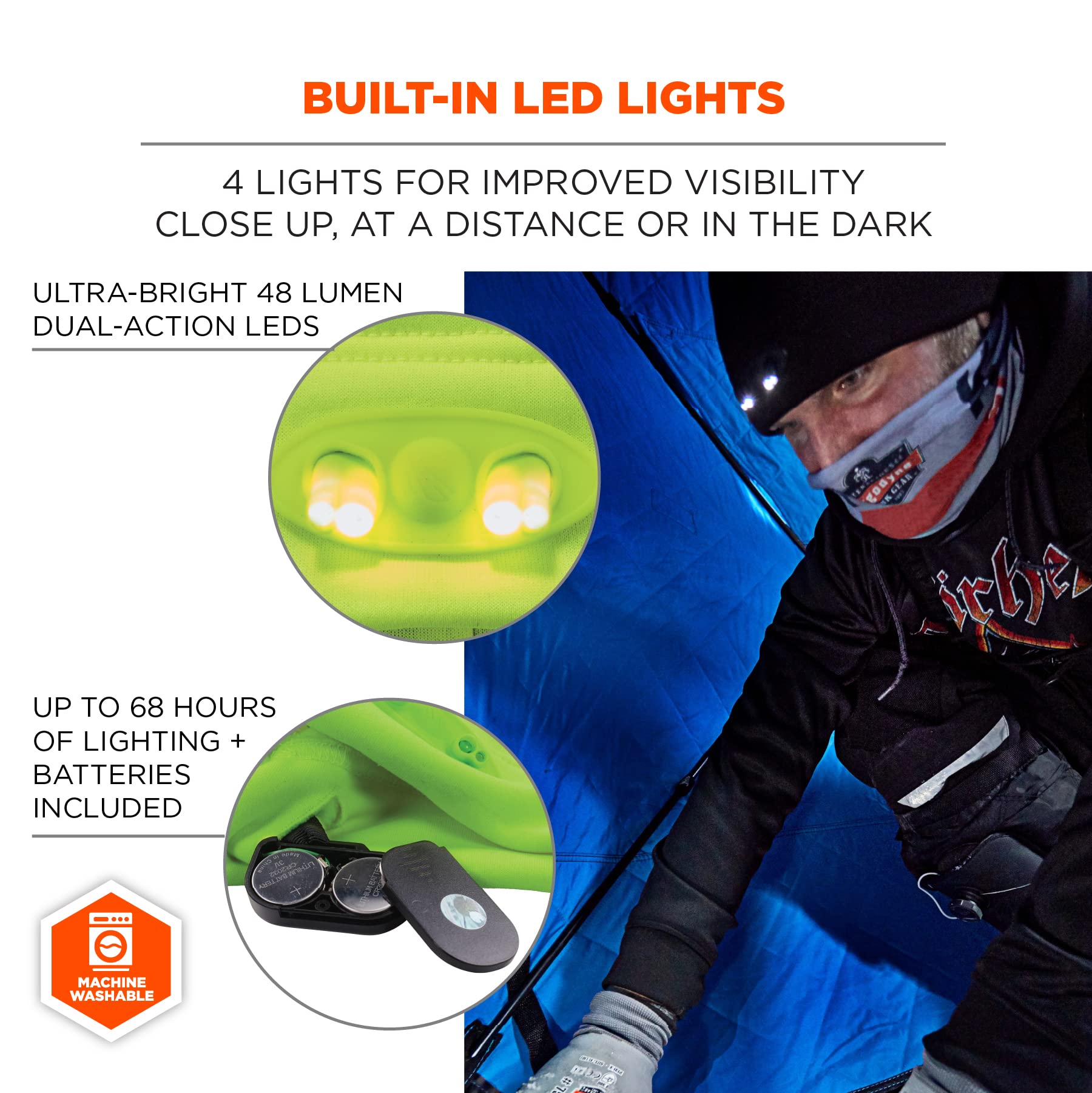 Brim closeup of the Ergodyne 6804 with dual LEDs for task lighting.