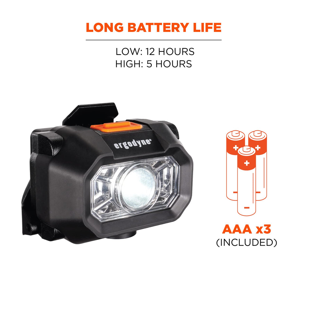 Ergodyne Skullerz 8978 runs up to 12 hours on low setting.