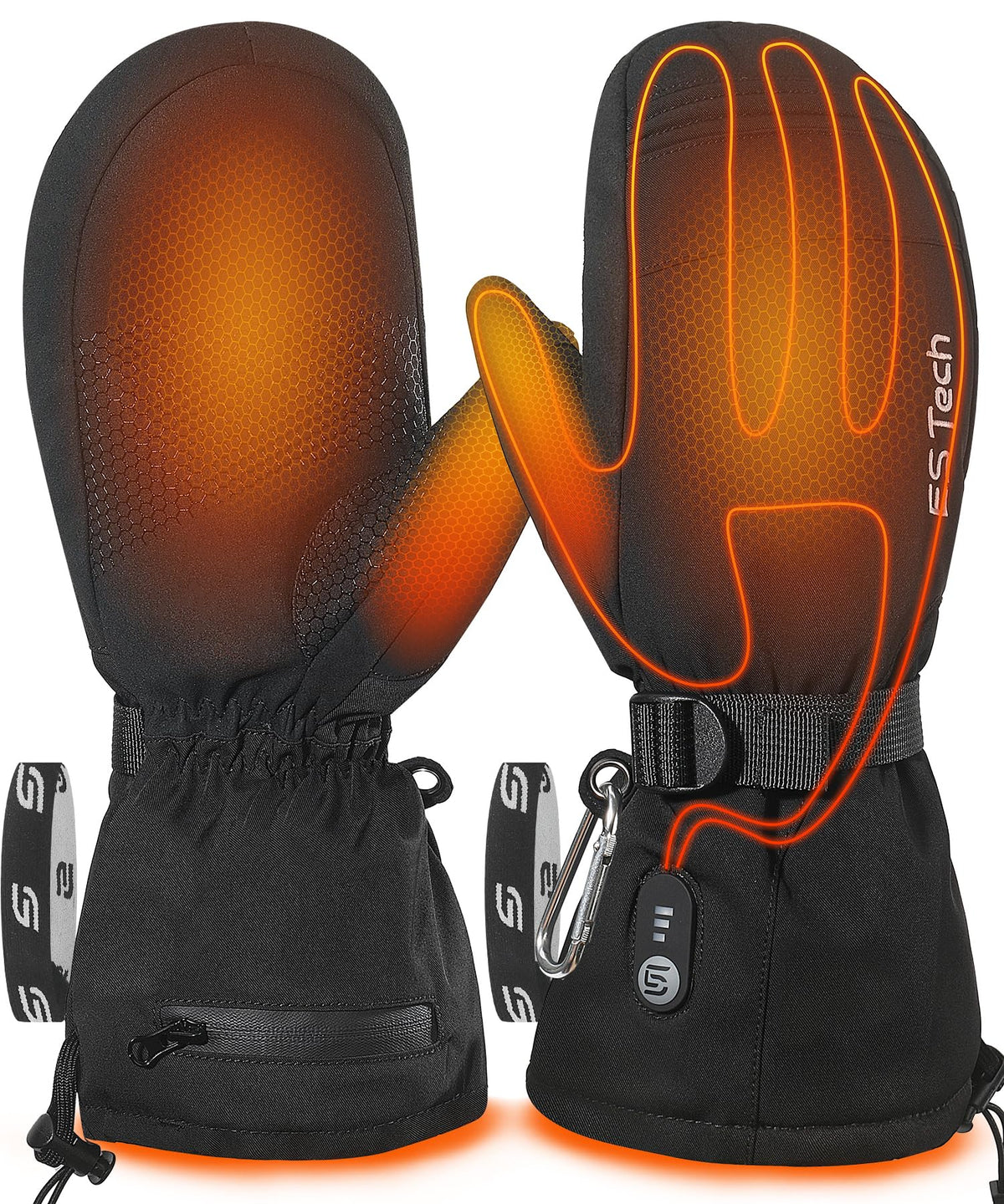 ES Tech heated gloves back-coverage shows a larger heating zone for all-day warmth.