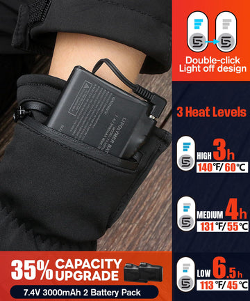 ES Tech Heated Gloves touchscreen fingertips allow device use without removing gloves.