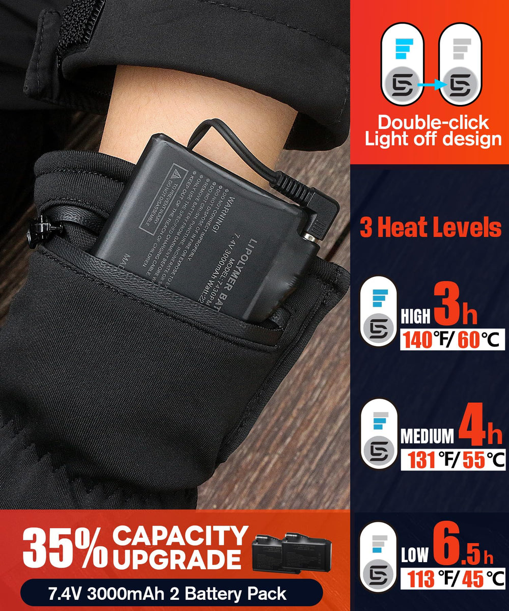 ES Tech Heated Gloves touchscreen fingertips allow device use without removing gloves.