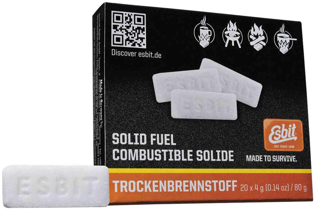 Esbit 4g solid fuel tablet packaging showing long shelf life.