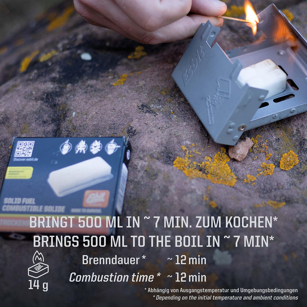 Esbit six-14g-tablets provide smokeless heat for compact meals.