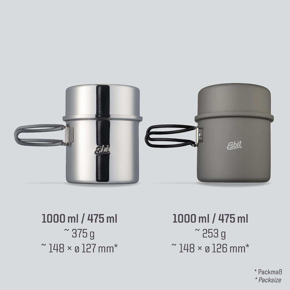 Esbit steel pot with capacity indicator in ml and oz.