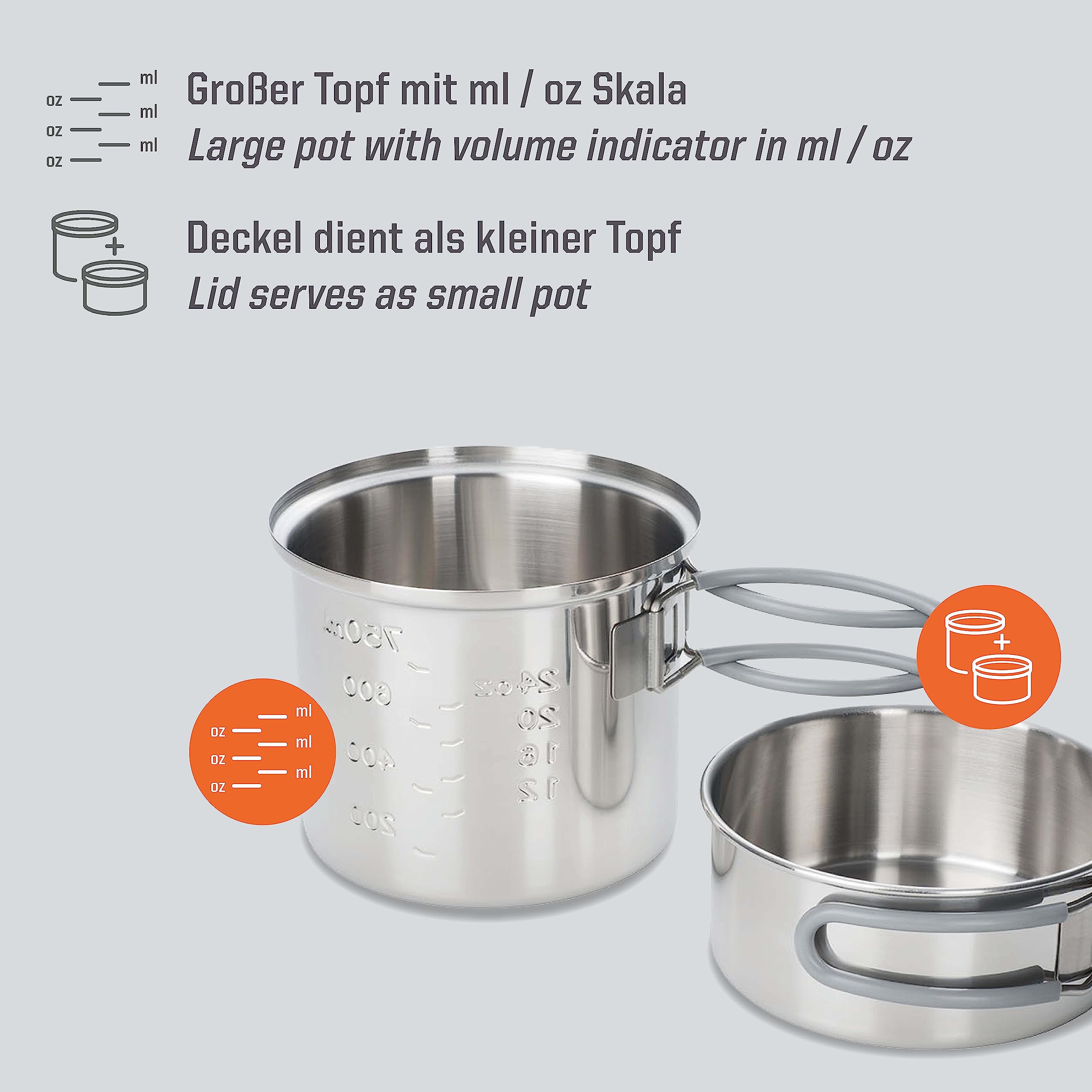Esbit steel pot with folding handles designed for compact camping storage.