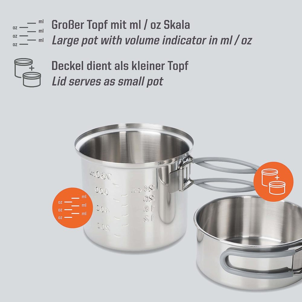 Esbit steel pot with folding handles designed for compact camping storage.
