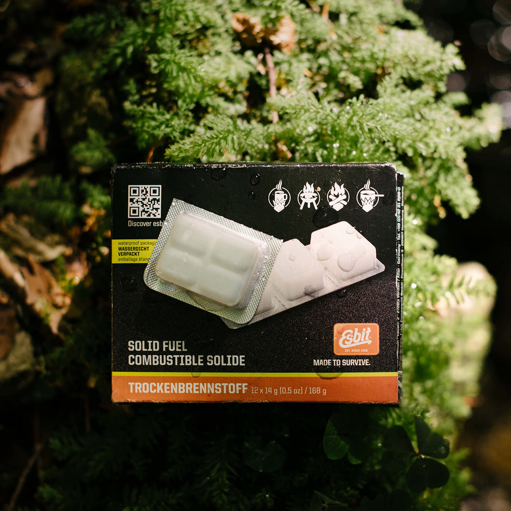 Waterproof packaging protects Esbit tablets for stored readiness.