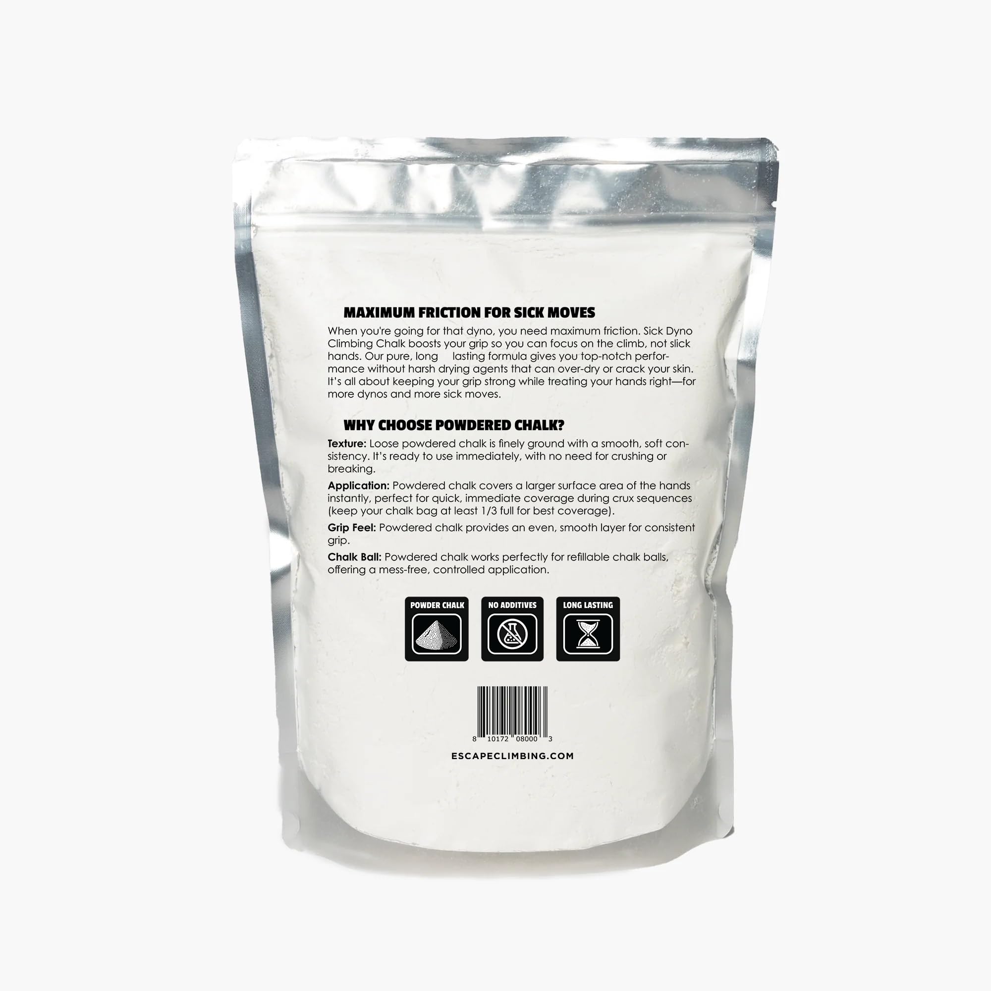 Escape Climbing Sick Dyno powder chalk on hands for improved grip during climbs.