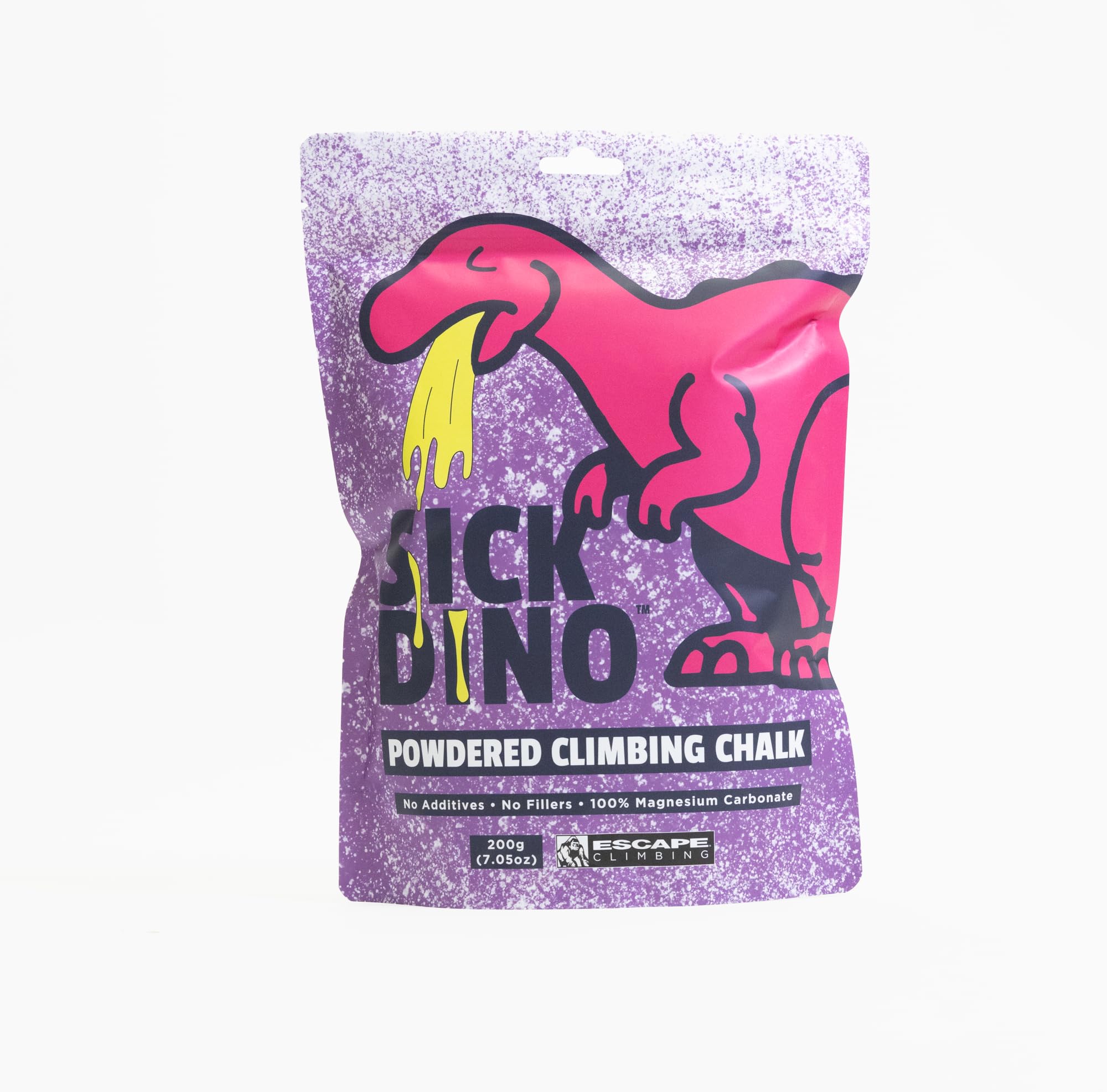 Escape Climbing Sick Dyno powder chalk in a sealed bag for mess-free transport.