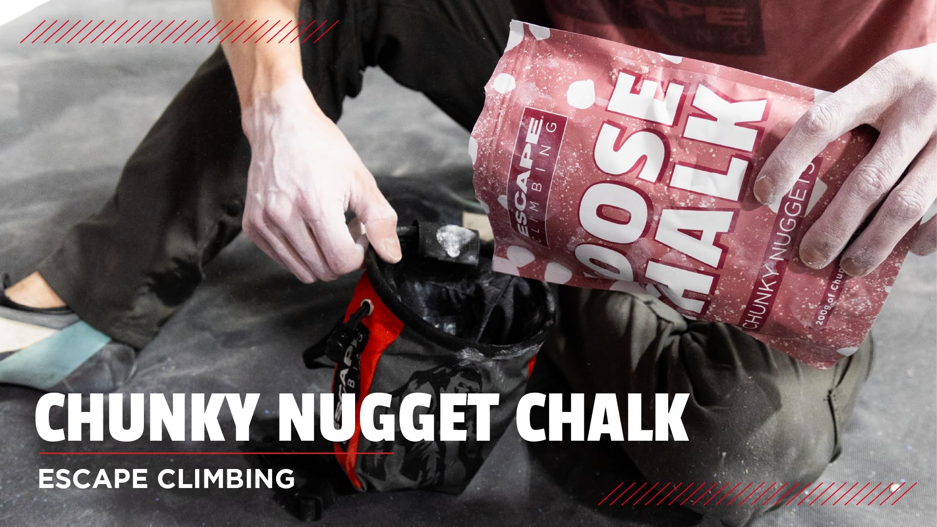Escape Climbing Sick Dyno climber applying chalk to fingers for grip.