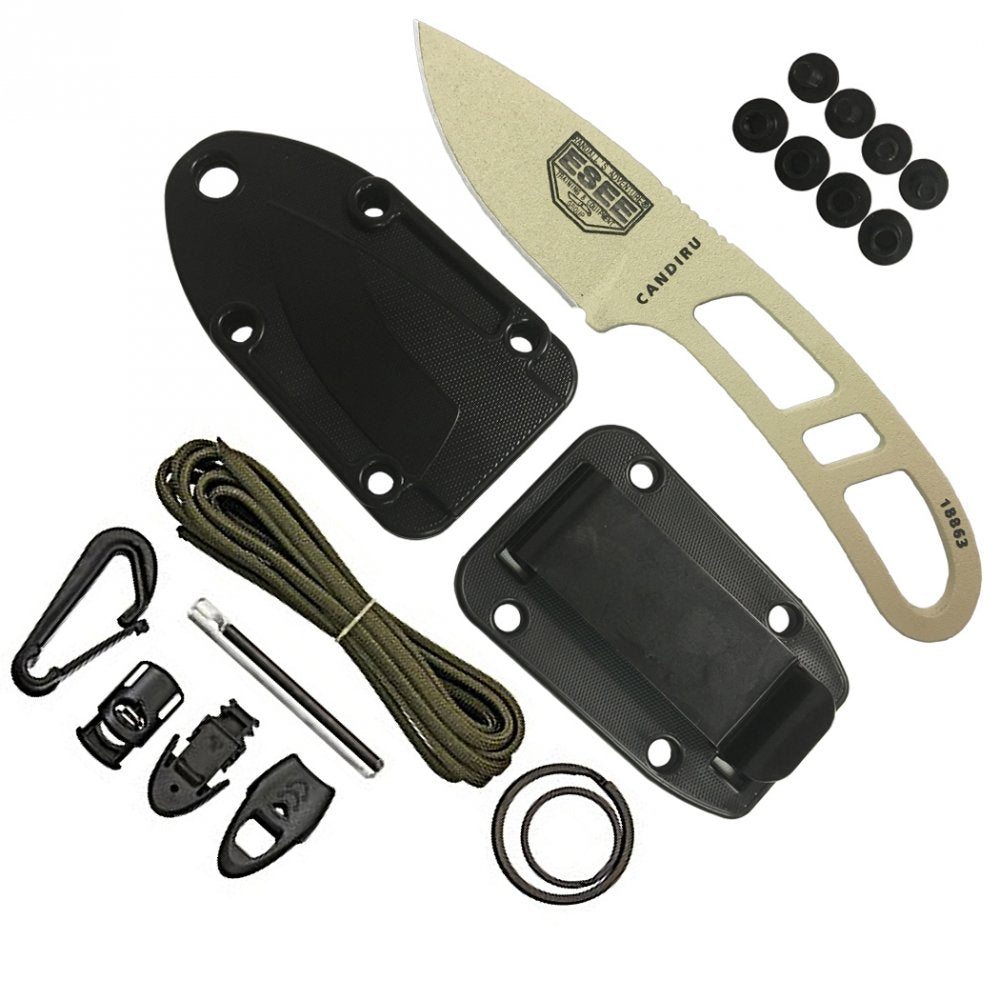 ESEE CAN-DT-KIT-E survival knife with sheath shown for quick access