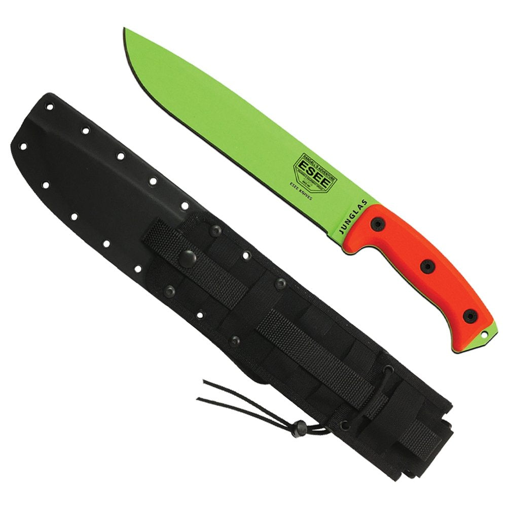 ESEE Junglas VG-E blade closeup showing rugged edge for heavy-duty cutting