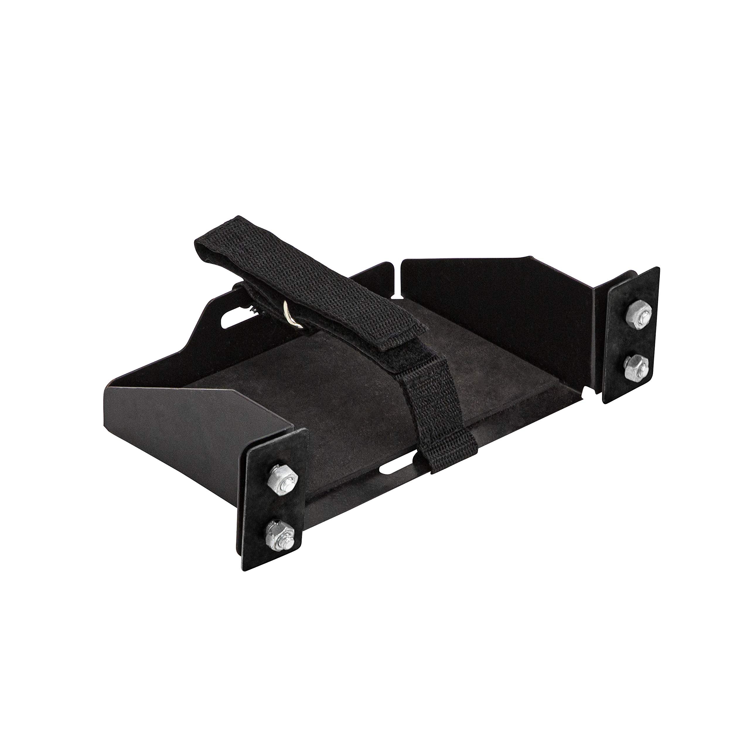 Eskimo 35000 battery tray mounted inside shelter for secure 12V power on the ice.
