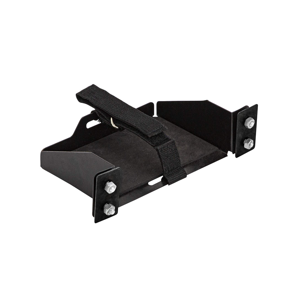 Eskimo 35000 battery tray mounted inside shelter for secure 12V power on the ice.