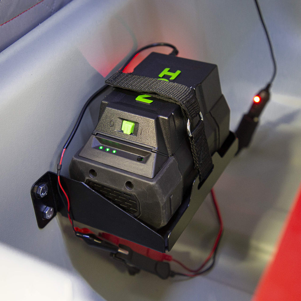 Eskimo 35000 battery-tray-secure-strap securing battery during on-ice transport.