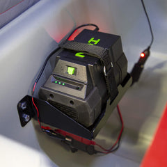 Eskimo 35000 battery-tray-secure-strap securing battery during on-ice transport.