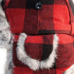 Eskimo fur hat buffalo plaid ear flap detail protects ears in wind