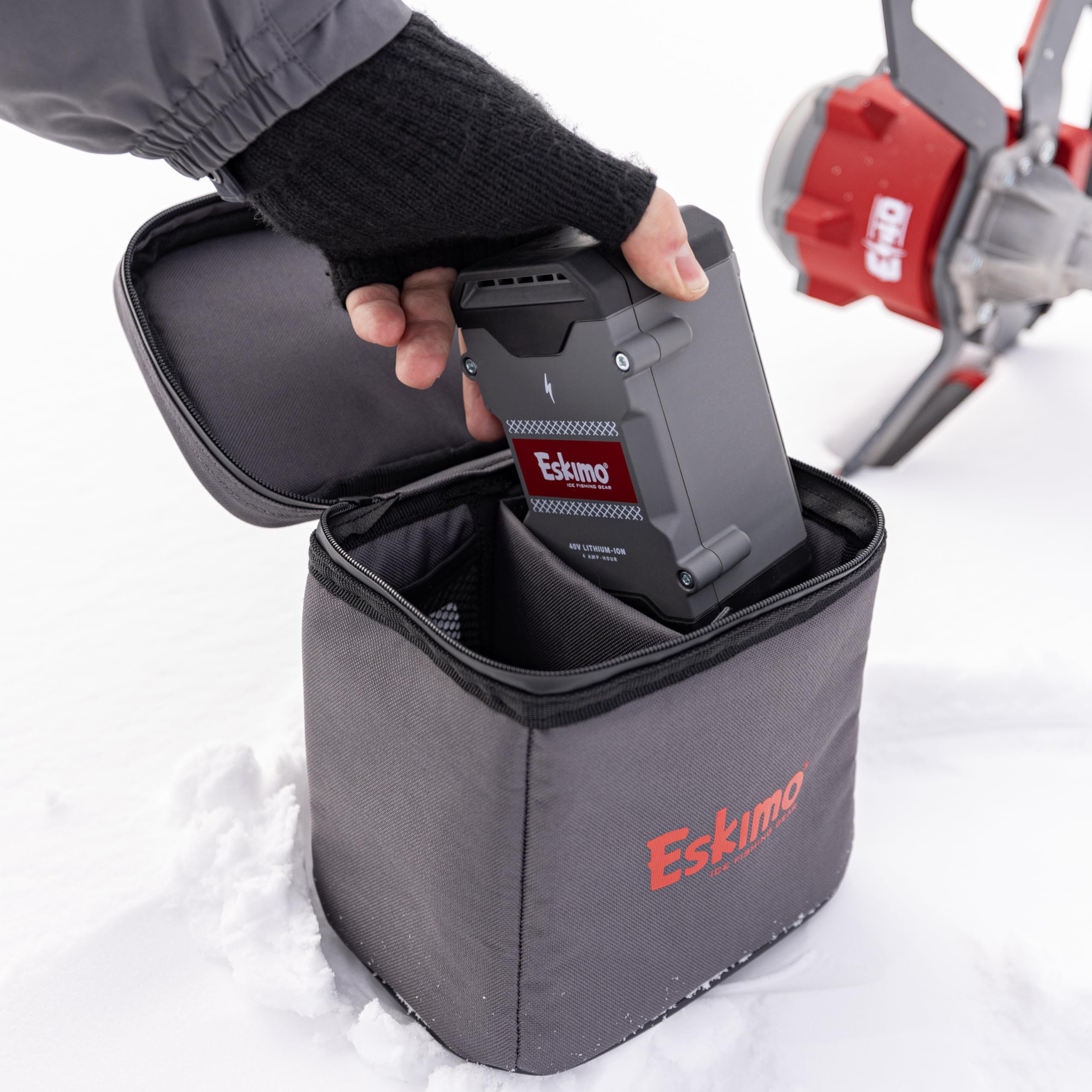 Inside the Eskimo Battery Bag, four pockets organize hand warmers and small items.