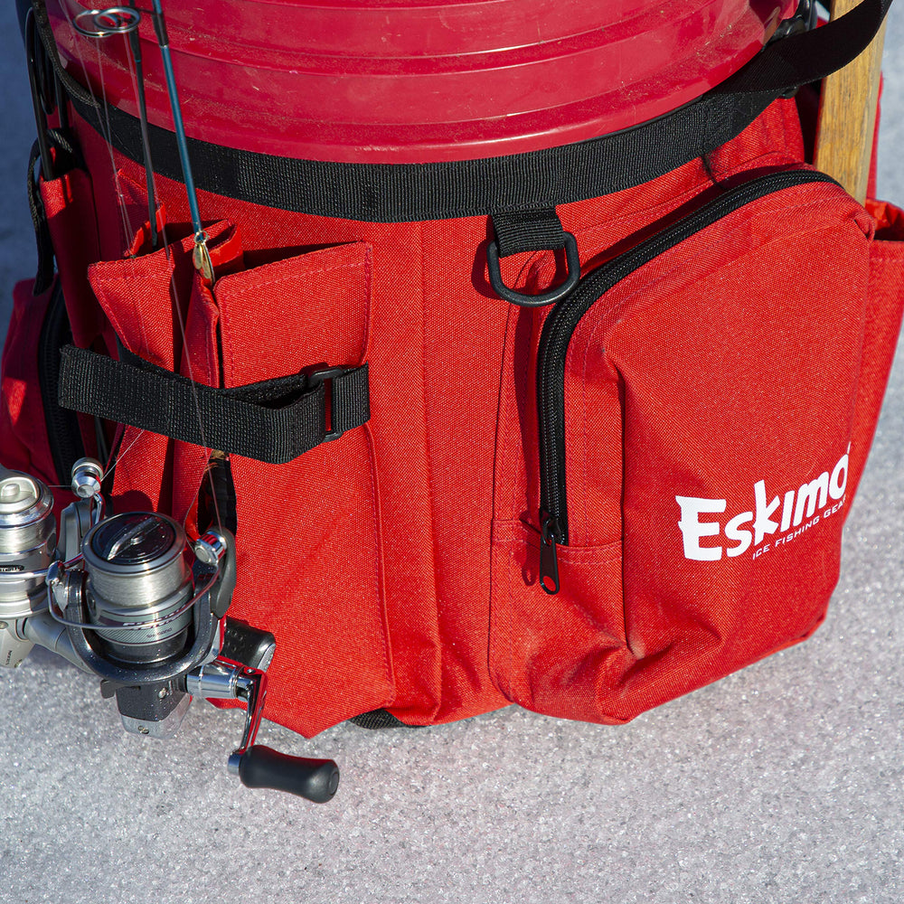 Eskimo bucket caddy bait puck pocket secures small lures for quick access.
