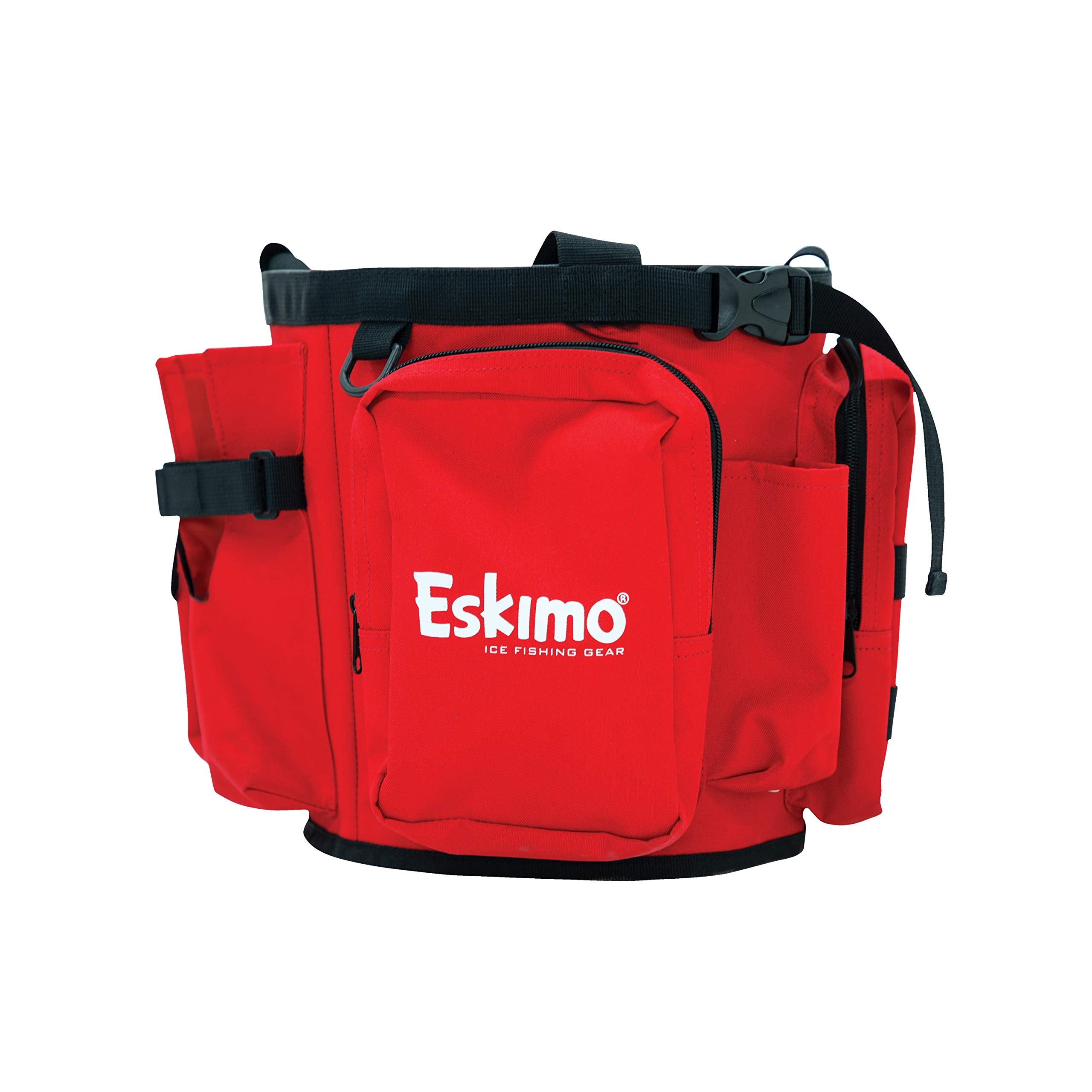 Eskimo bucket caddy front view shows sleek black and red design for easy reach on boats.