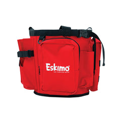 Eskimo bucket caddy front view shows sleek black and red design for easy reach on boats.