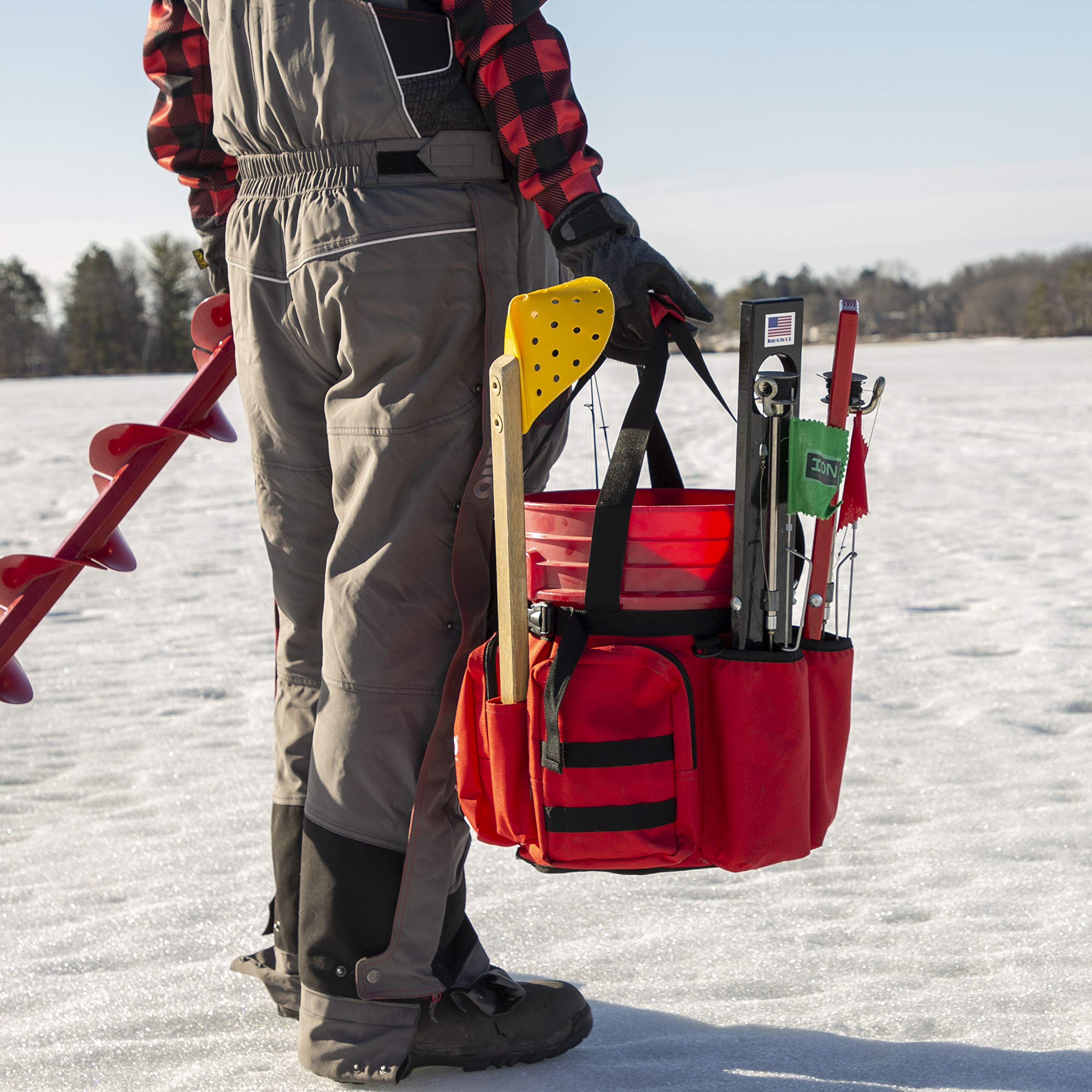 Eskimo bucket caddy large pockets keep tackle organized during long fishing sessions.