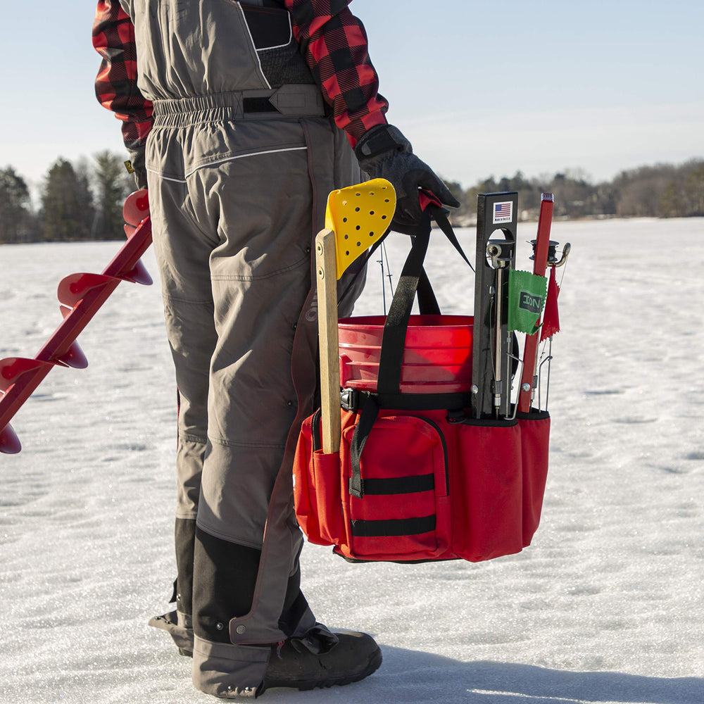 Eskimo bucket caddy large pockets keep tackle organized during long fishing sessions.
