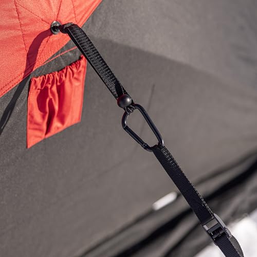 Cam straps with carabiners provide quick, reliable tensioning for shelter stability.