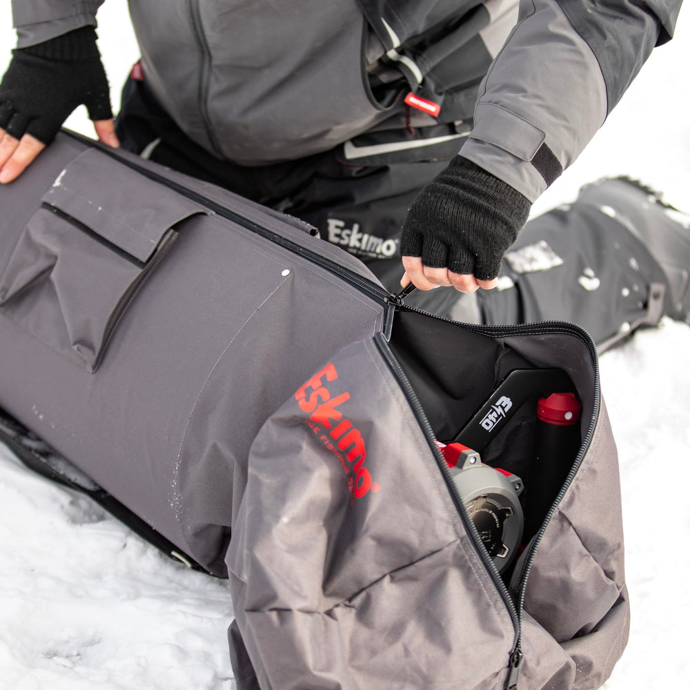 Eskimo Electric Auger Carry Bag exterior pocket for auger extension and small parts.