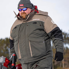 Eskimo Expedition Jacket side view in action, flexible DuraDry stretch for unrestricted movement.