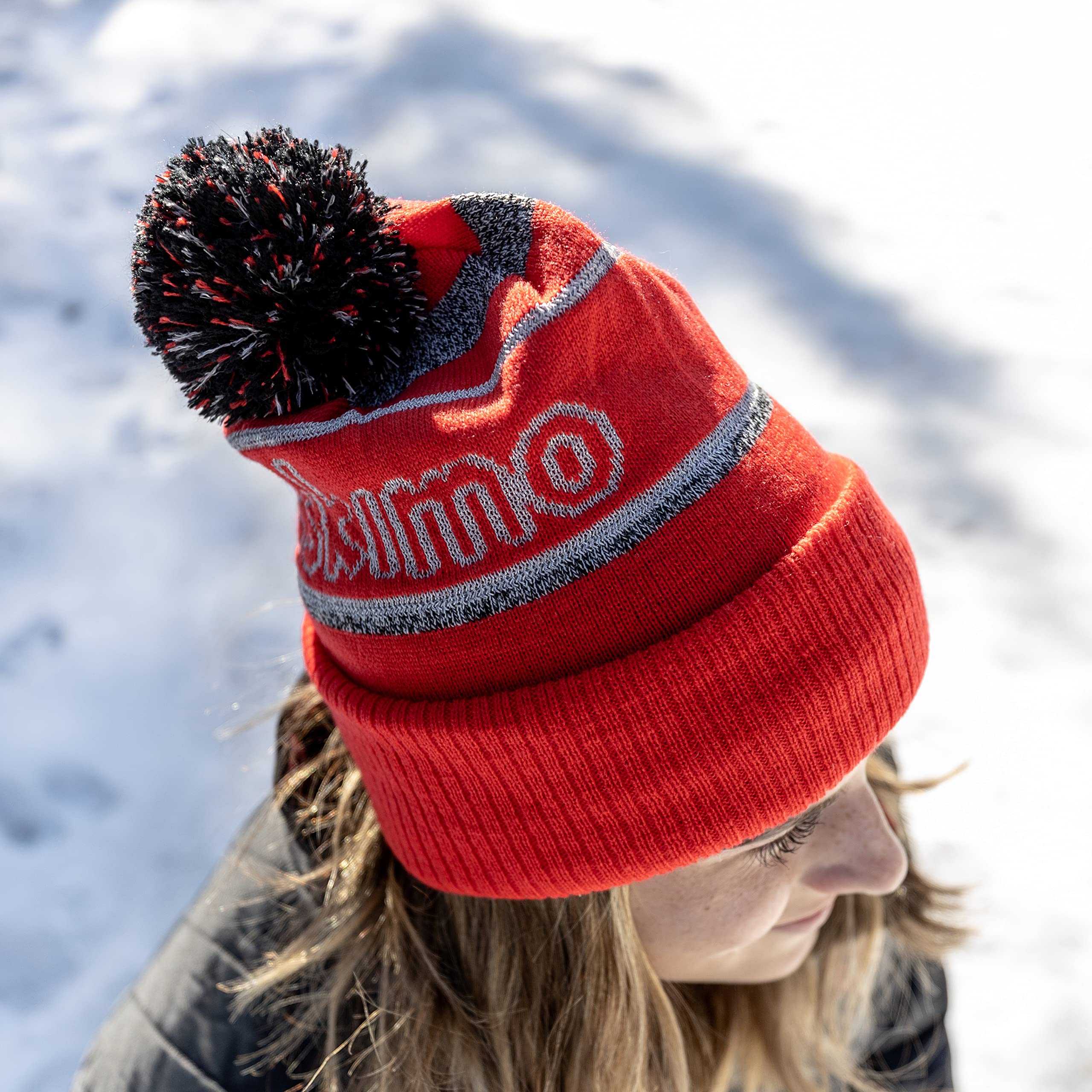Eskimo Reflective POM Hat red, side view for outdoor wear