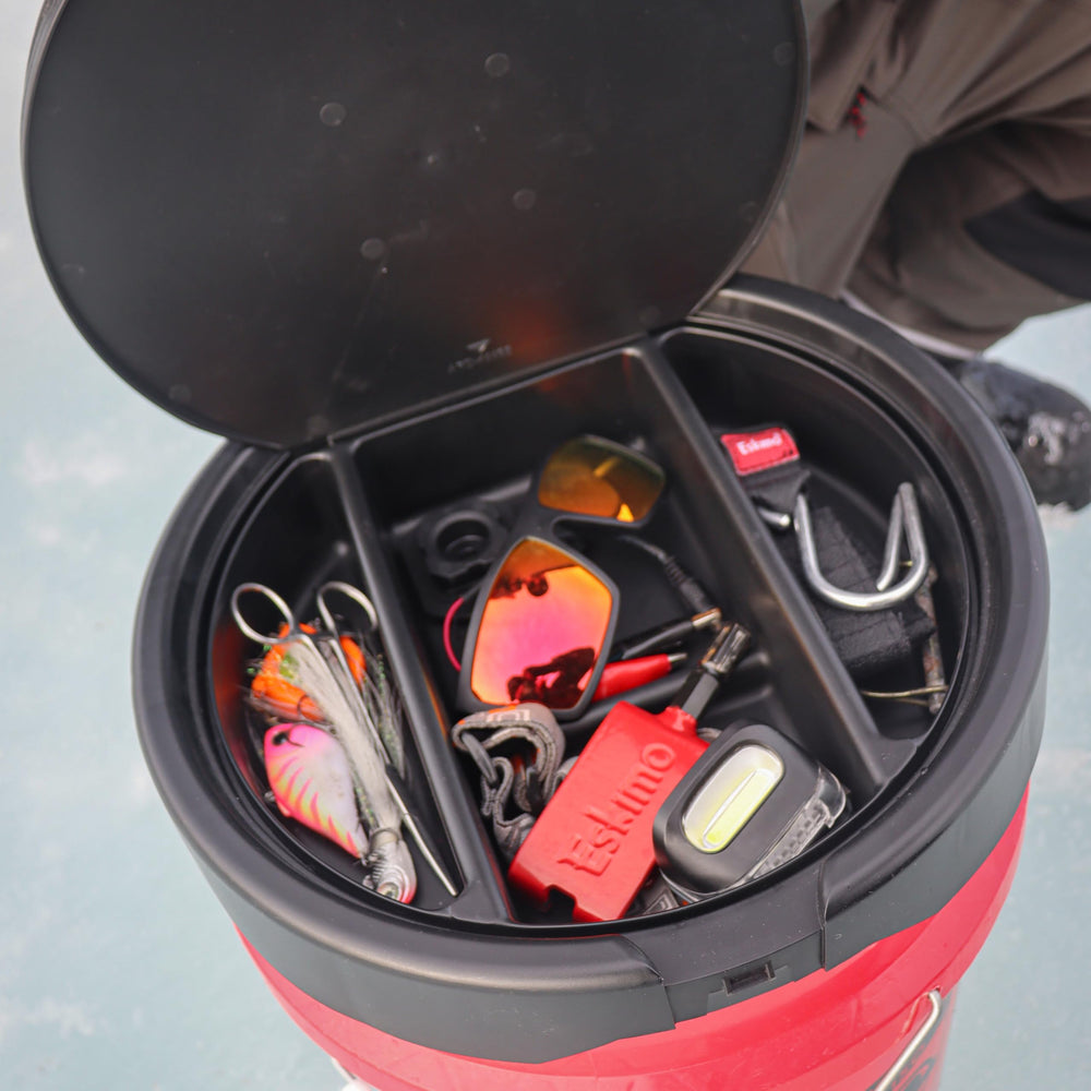Under-lid storage compartments of Eskimo SeatStash lid keeping small gear organized