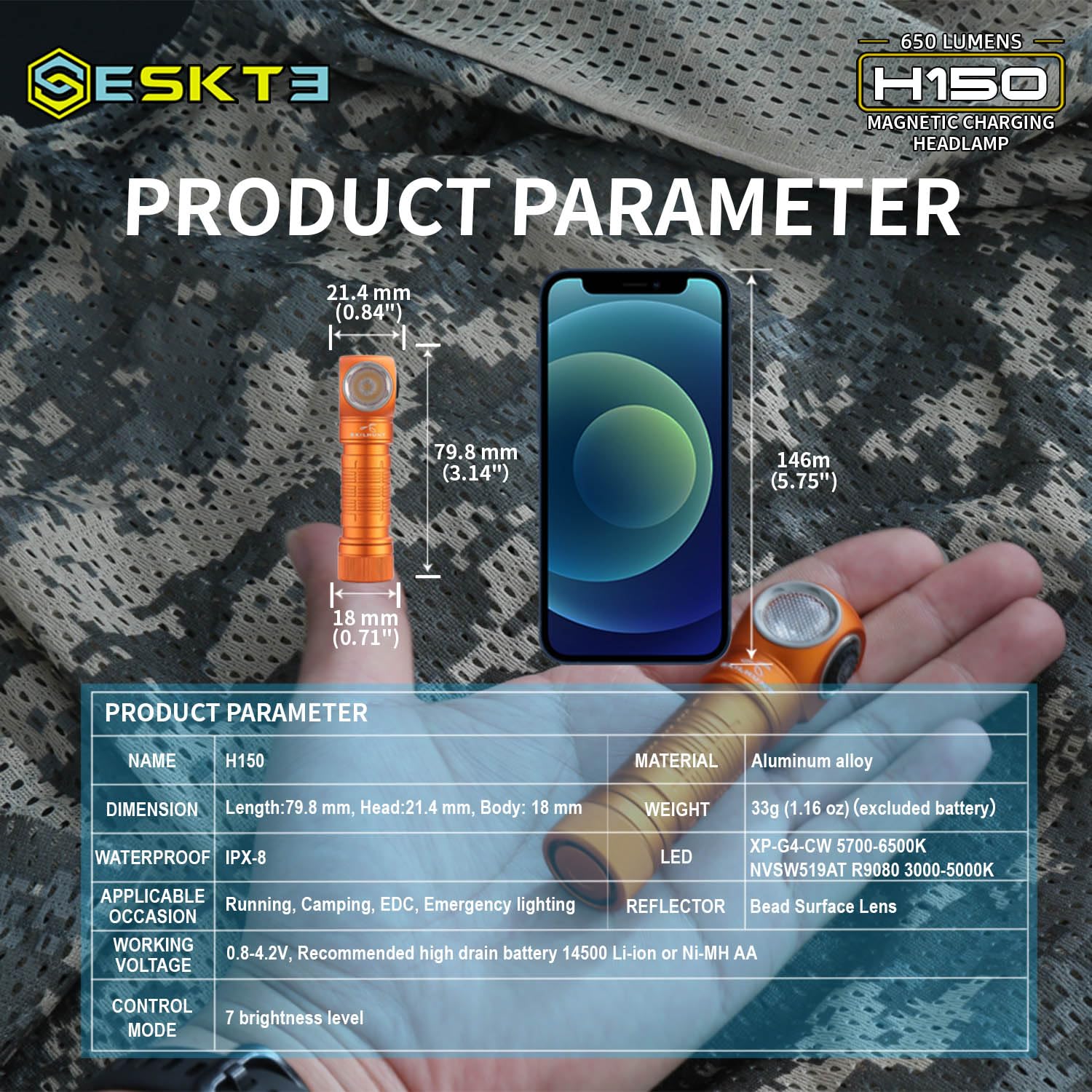 ESKTE H150 LED beam at 650 lumens provides bright night visibility.