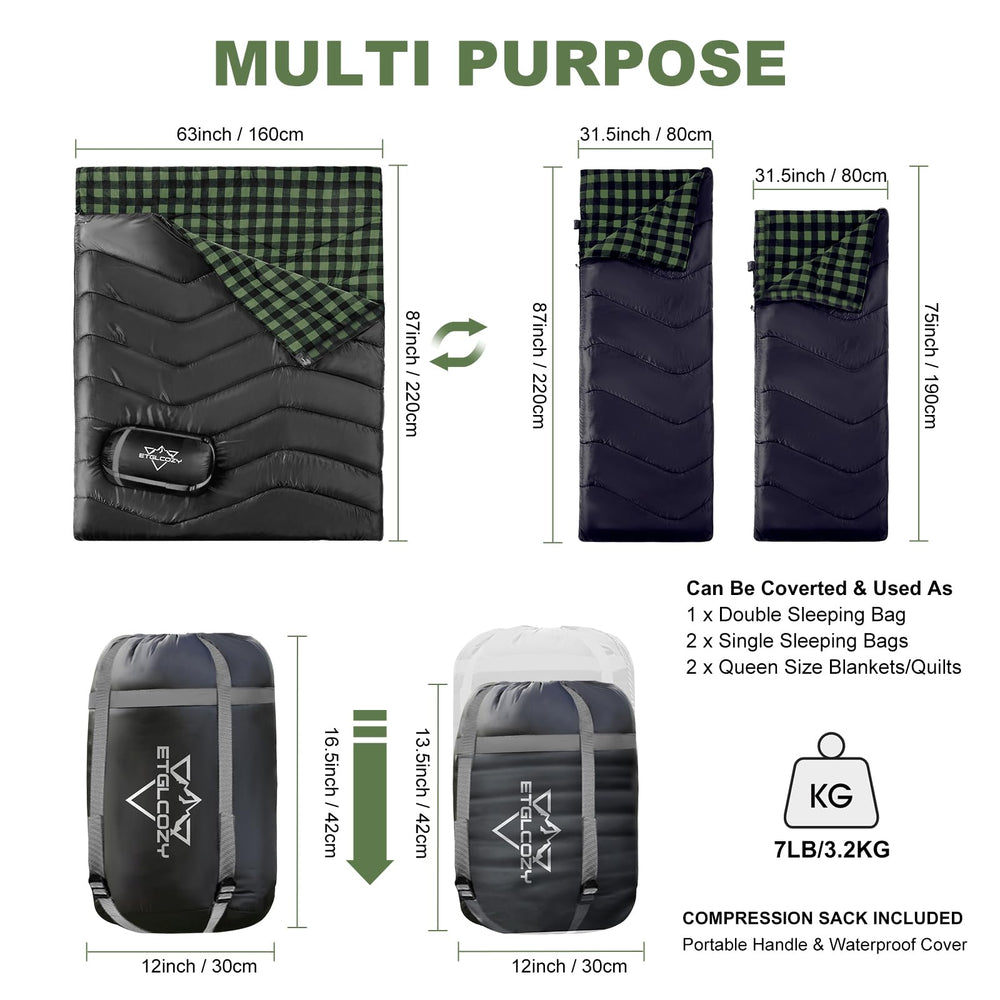 ETGLCOZY double sleeping bag independent zippers for easy entry and movement at night.