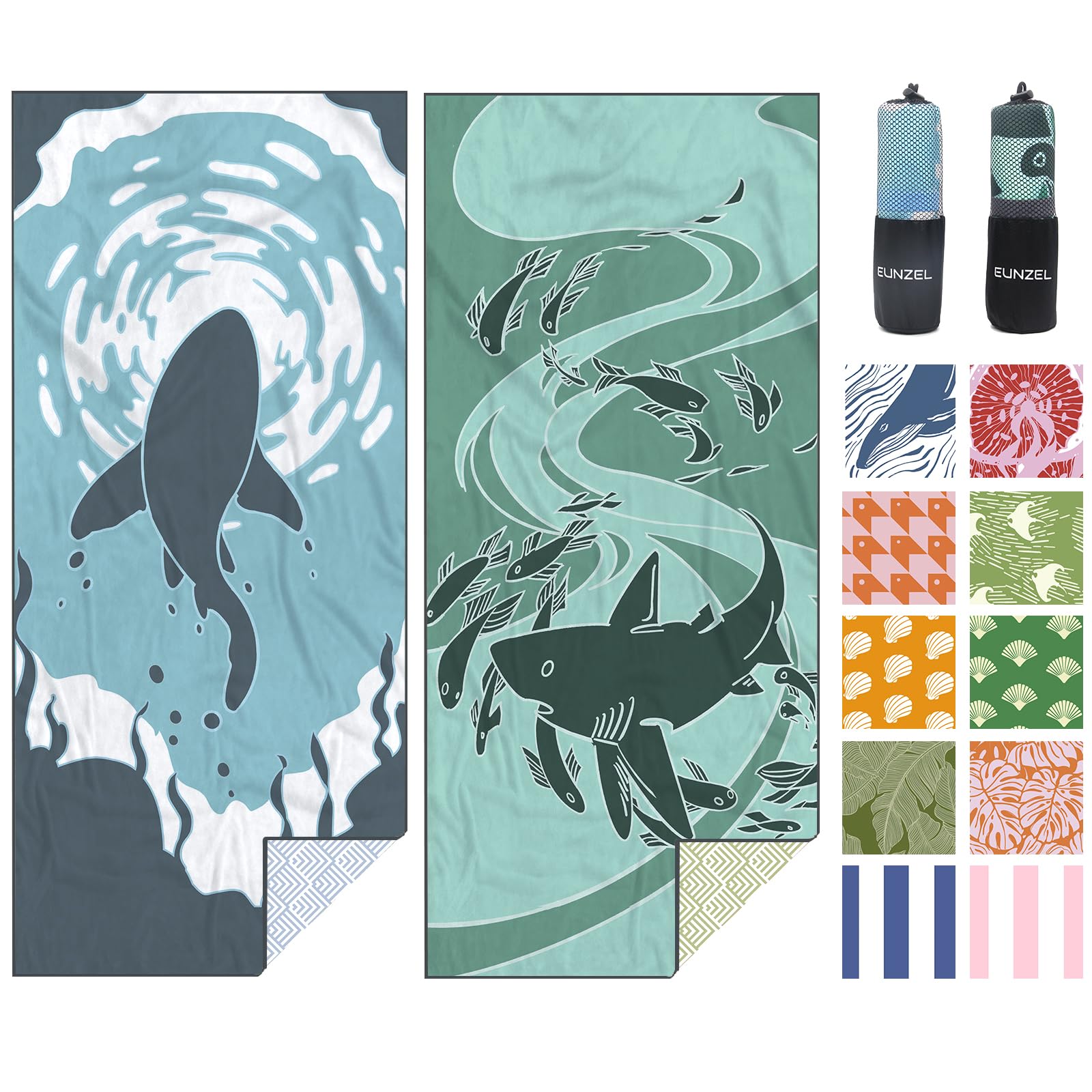 Eunzel two-pack microfiber beach towel sand-free for easy beach cleanups.