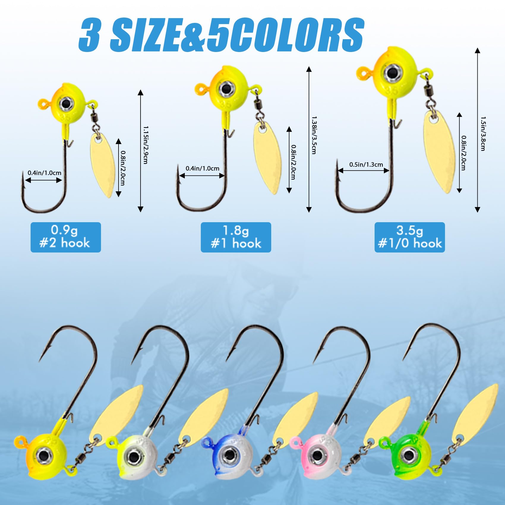 Oversized eye jig heads with Indiana blade and spinners (three sizes)