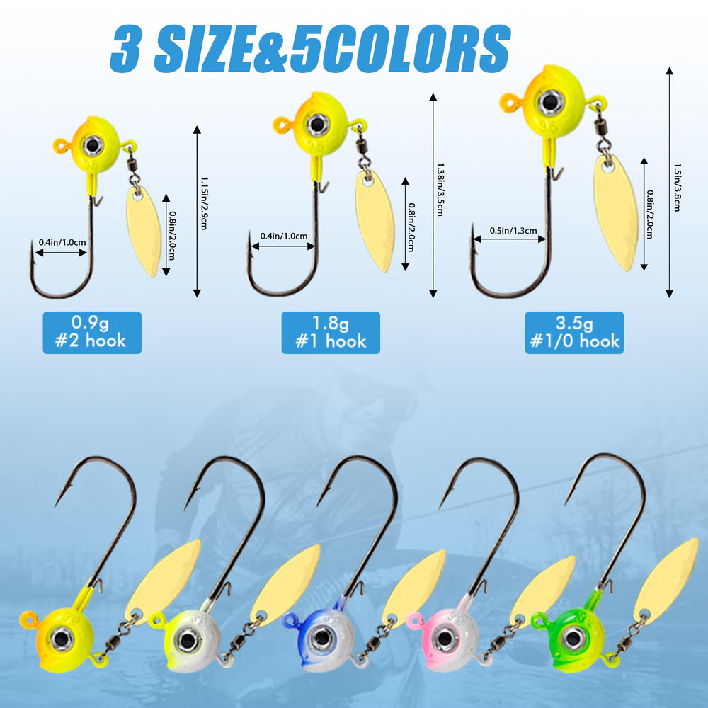 Oversized eye jig heads with Indiana blade and spinners (three sizes)