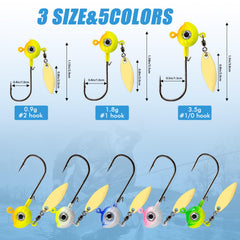 Oversized eye jig heads with Indiana blade and spinners (three sizes)