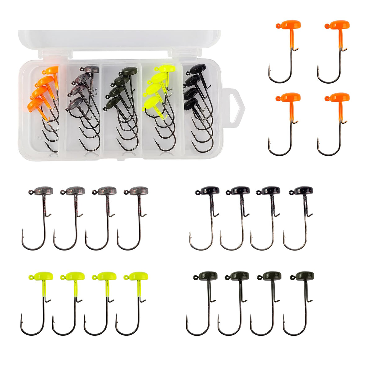 Set of 20 Eupheng Ned Rig Jig Heads in Black, Orange, Pumpkin Green, Chartreuse, and Natural with Red Dots.