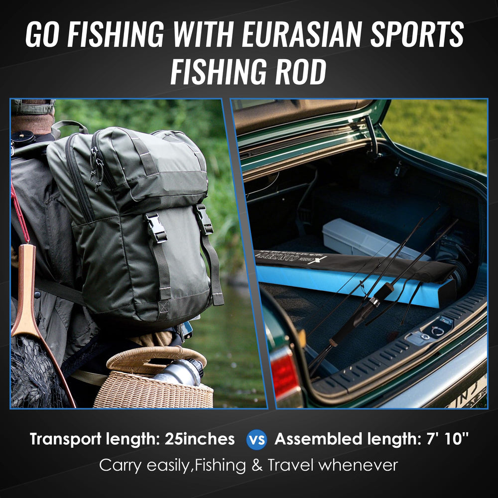 E EURASIAN SPORTS fast-action casting for pinpoint long-distance accuracy on bass and trout.
