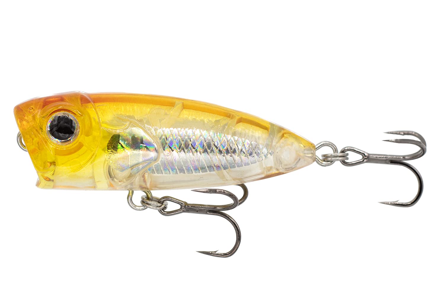 Eurotackle Z-Popper 1.75 micro top water lure on surface with ayu pattern and 3D eyes