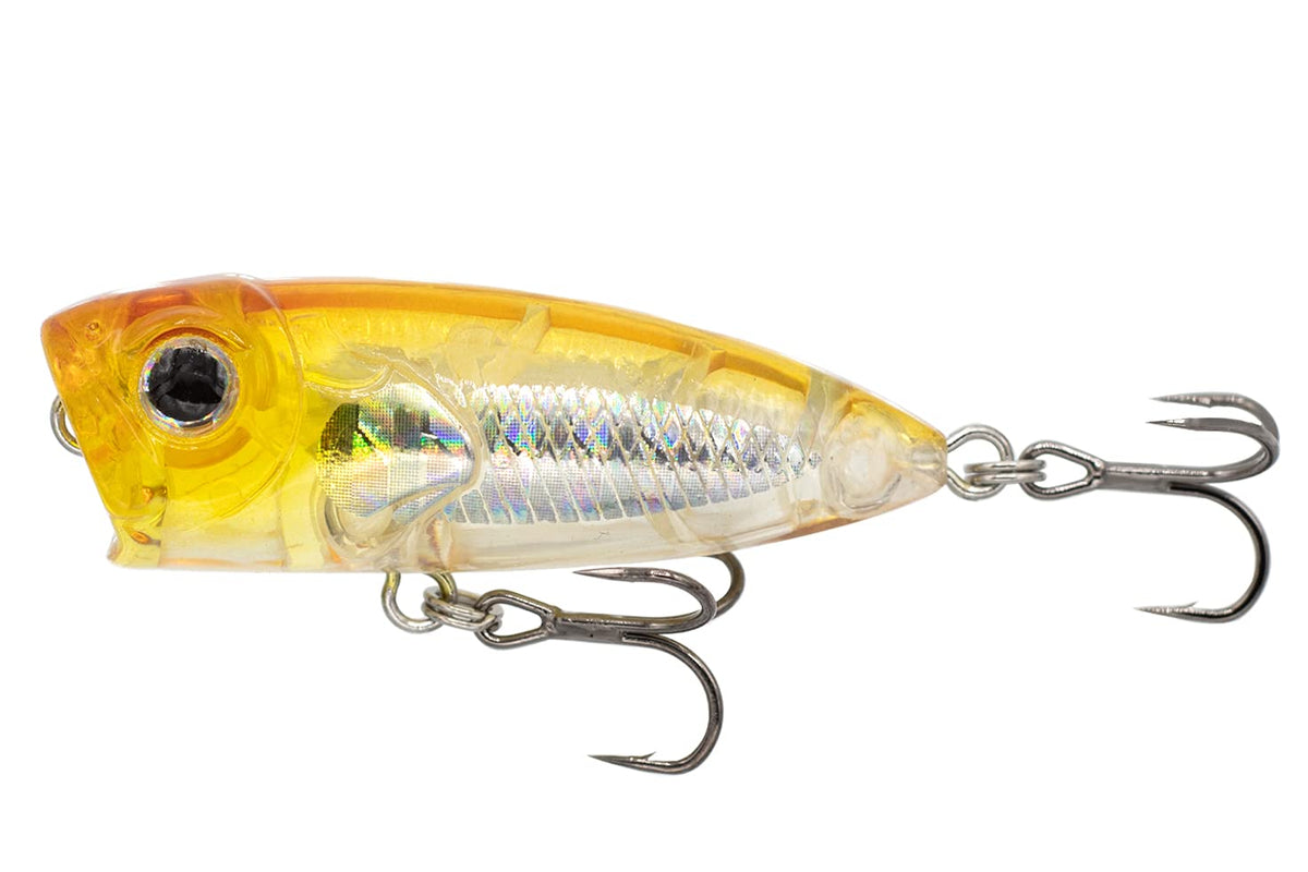 Eurotackle Z-Popper 1.75 micro top water lure on surface with ayu pattern and 3D eyes