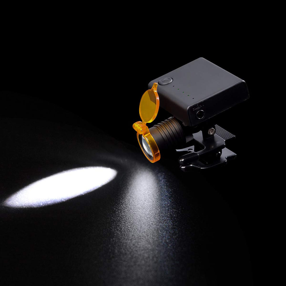 EustomA LED headlamp universal clip with loupe support for various eyewear.