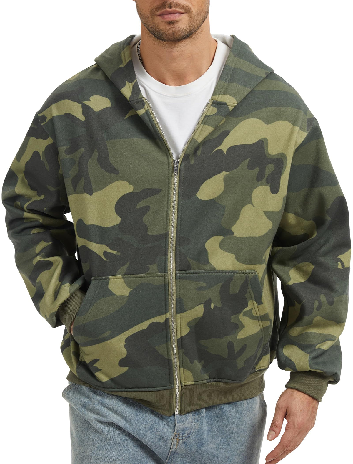 Eutten camo hoodie front zip offers easy layering and casual style.