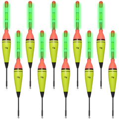 Ten EVA foam fishing floats laid out for display