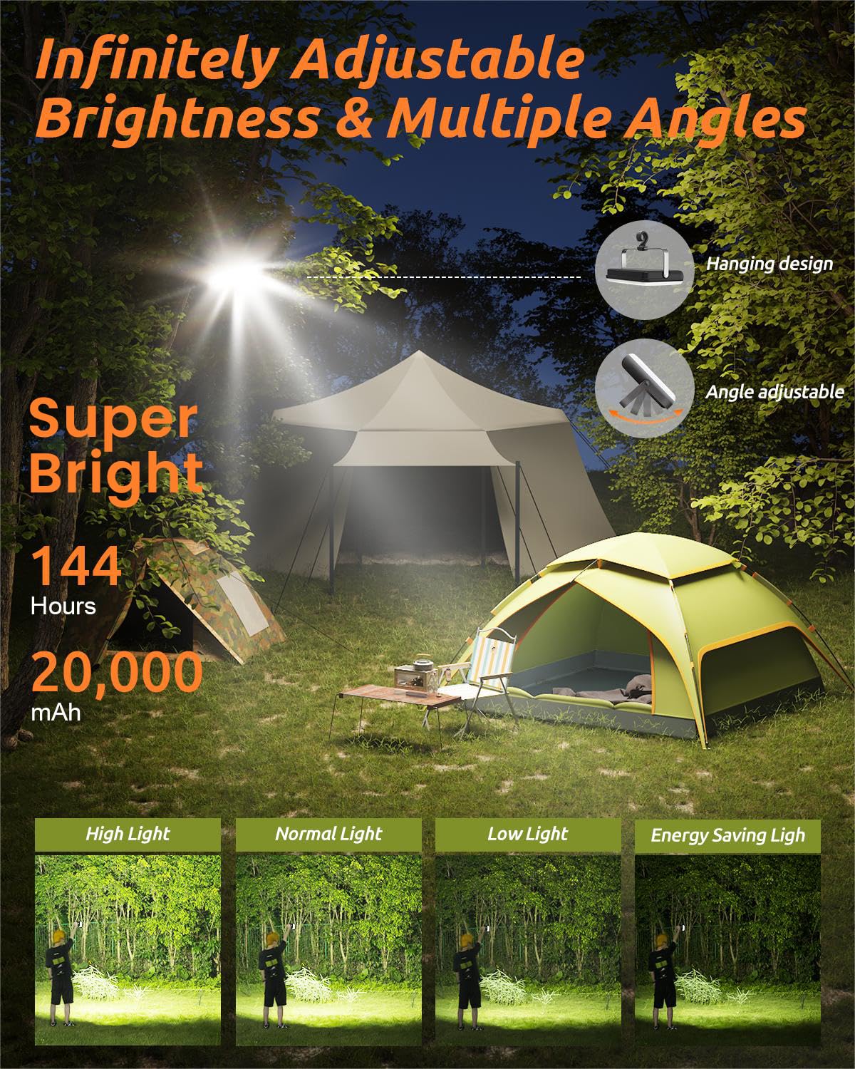 Eventek lantern illuminates entire tent, ideal for late-night reading and tasks.