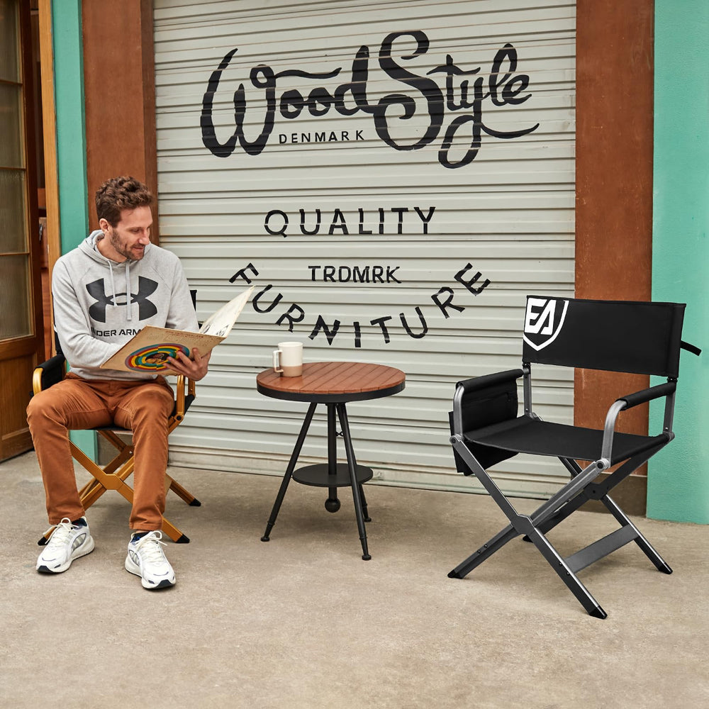 EVER ADVANCED aluminum directors chair unfolded showing sturdy frame for stability.