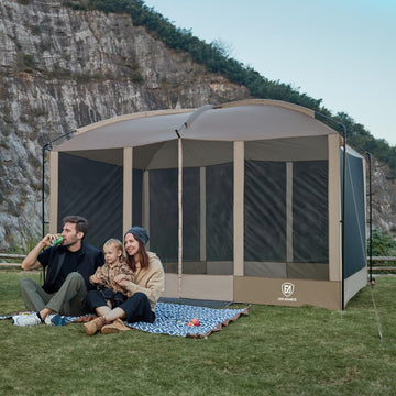 EVER ADVANCED brown camping shelter blending with outdoor surroundings