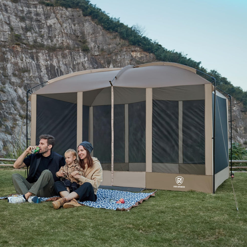 EVER ADVANCED brown camping shelter blending with outdoor surroundings