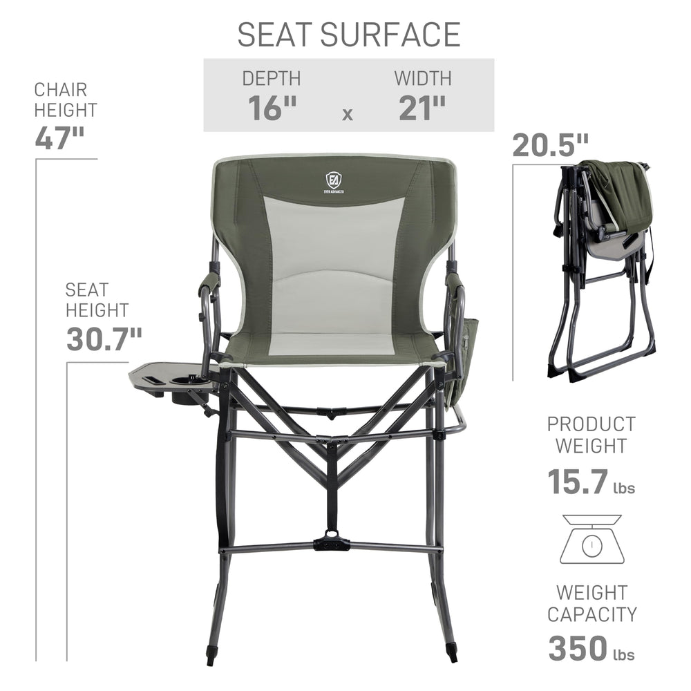Ever Advanced compact folding directors chair shows tall height for easier kneeling and standing.